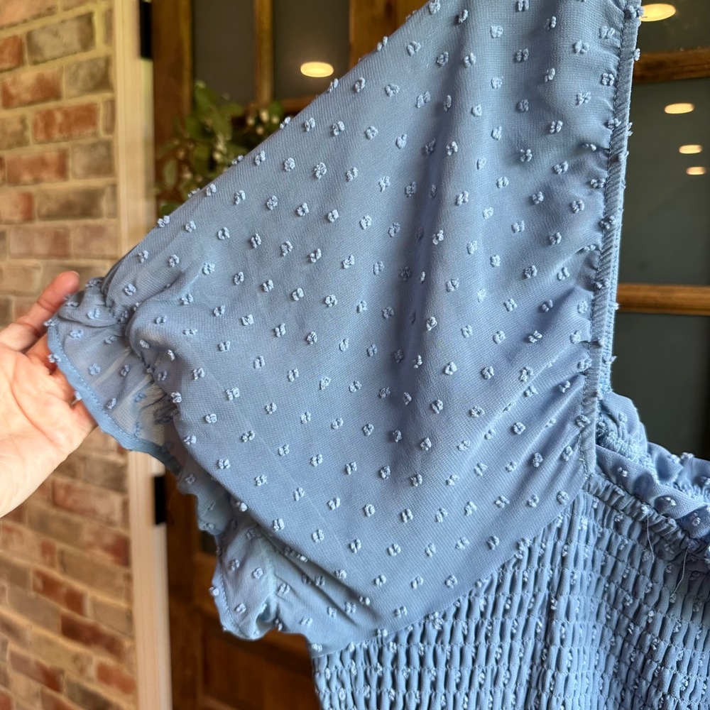 Lily Rose Dress Women 3X Blue Swiss Dot Smocked Puff Sleeve Ruffle Hem Mini Boho - Picture 10 of 10